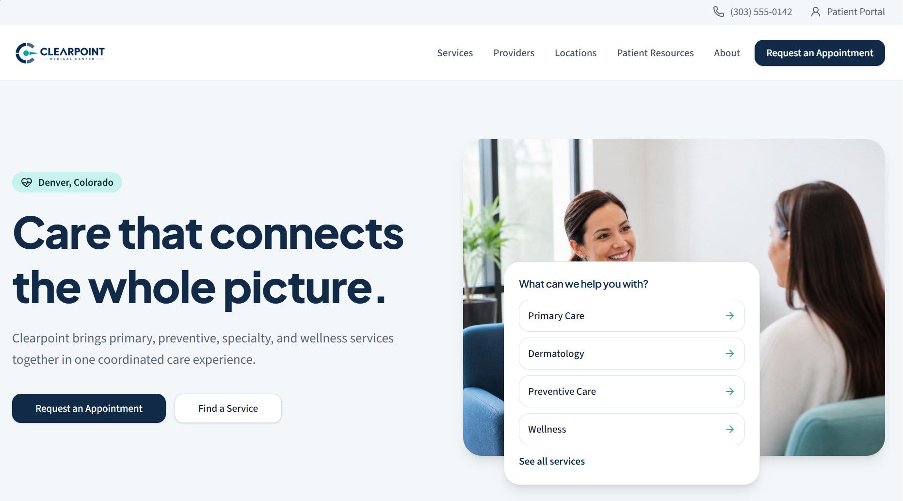 Homepage screenshot of the Clearpoint Medical Center website concept designed by Clinvaro.