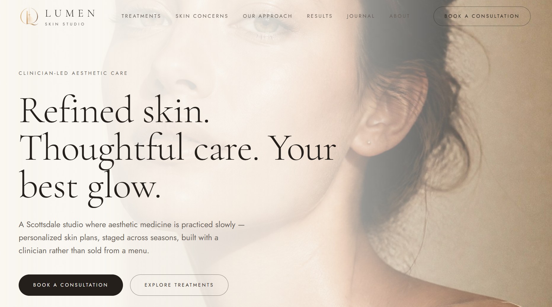 Homepage screenshot of the Lumen Skin Studio cosmetic dermatology website concept designed by Clinvaro.